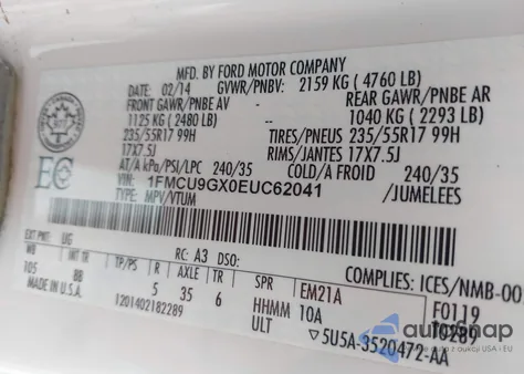 2014 Ford Escape Se из США, поврежденный, VIN 1FMCU9GX0EUC62041